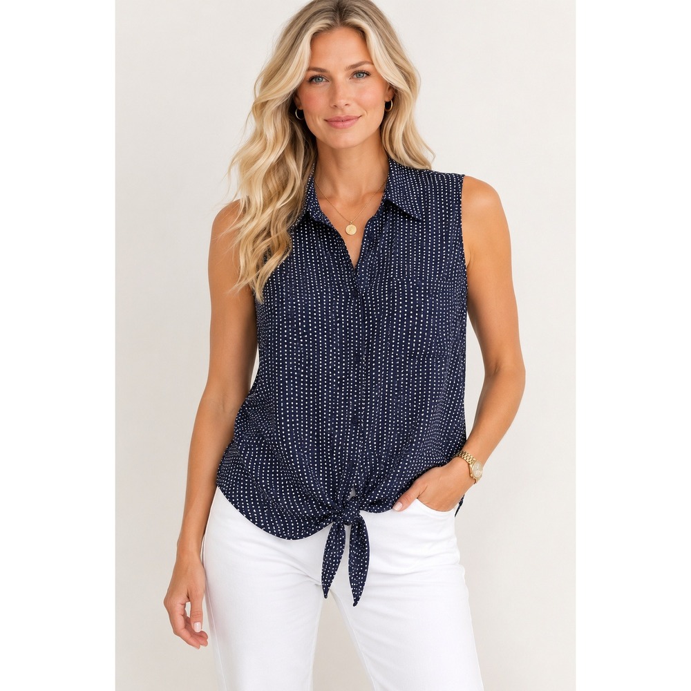 Adrianna Papell Navy Blue Polka Dot Sleeveless Tie Front Button Down Shirt L